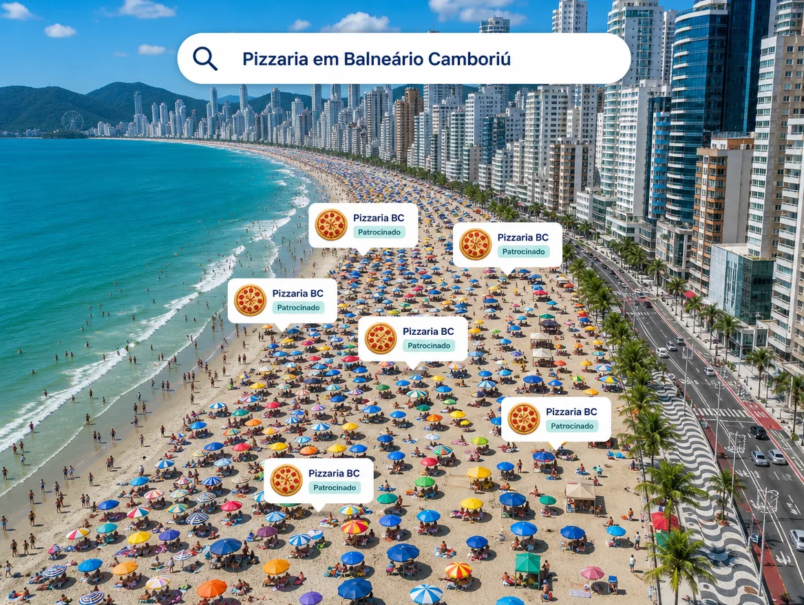 Praia de Balneário Camboriú lotada, com o anúncio da Pizzaria BC aparecendo em primeiro lugar no celular das pessoas