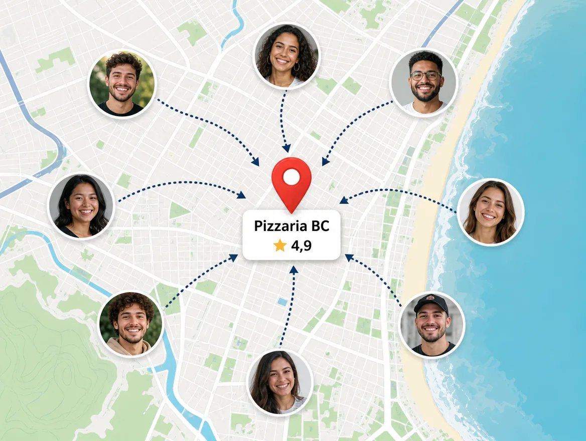 Mapa com o pin da Pizzaria BC e vários clientes indo até ela