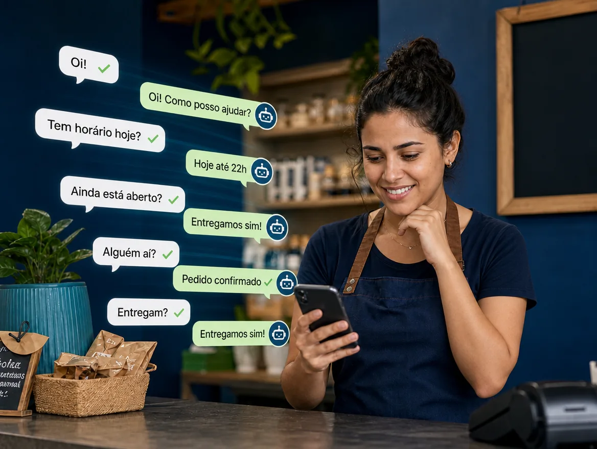 Atendente sorrindo enquanto a inteligência artificial responde os clientes no WhatsApp