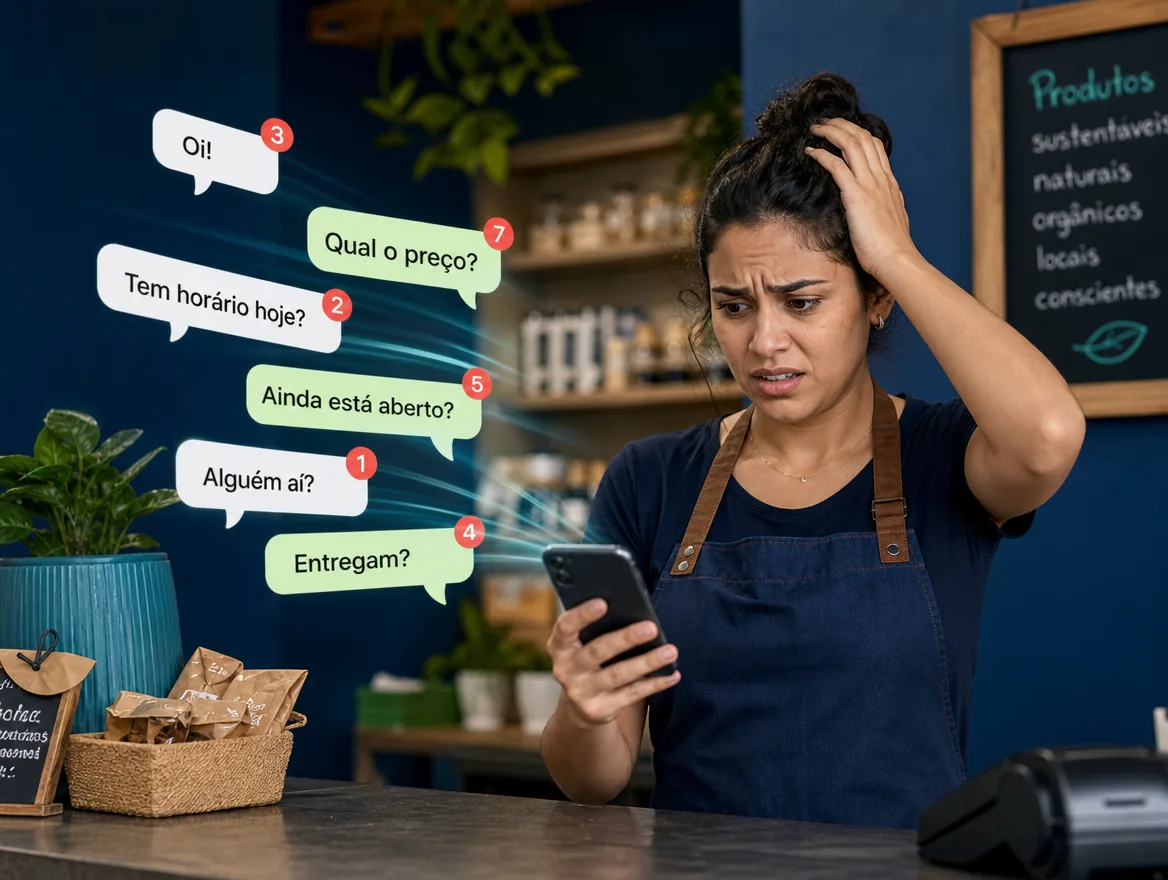 Atendente confusa com várias mensagens de clientes chegando no celular ao mesmo tempo